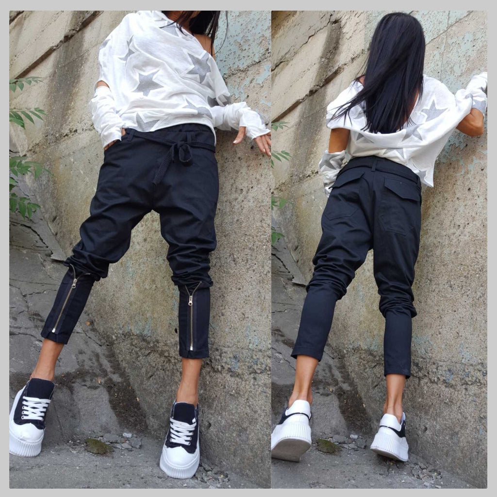 Street Style Black Cotton Pants – Urban Zipper Detail Joggers with Elastic Waist