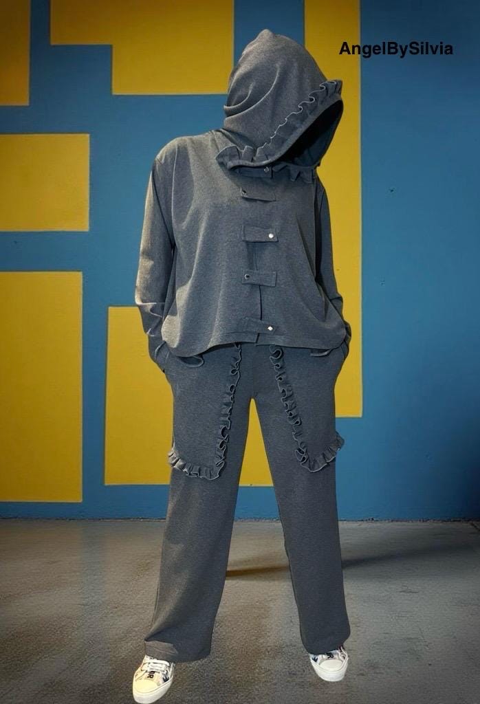 Ruffle Trim Cotton Tracksuit /  Asymmetric Hoodie & High-Waisted Pants / Two-Piece Women’s Streetwear Set