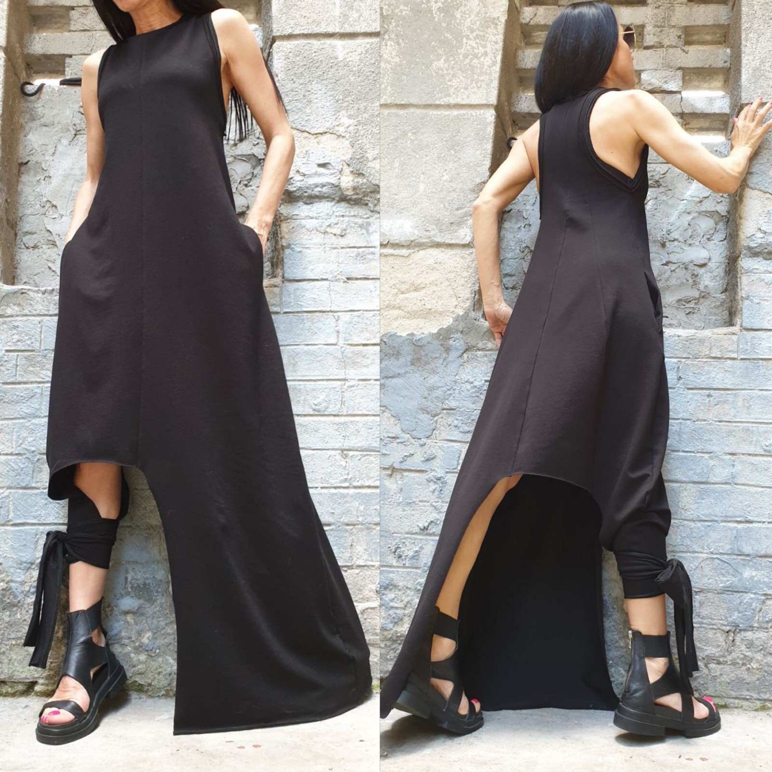 Asymmetrical Black Sleeveless Dress – Avant-Garde Cotton Maxi with Side Pockets