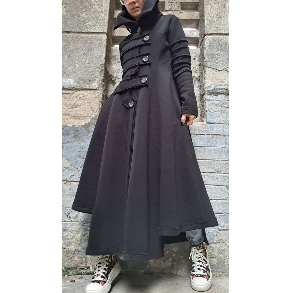 Asymmetric Black Cotton Coat with High Collar – Avant-Garde Long Jacket for Urban Style
