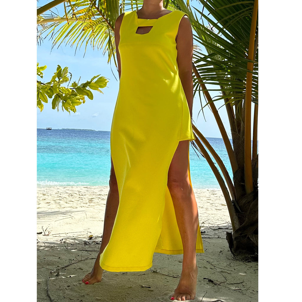 Yellow Cotton Maxi Dress with High Side Slit and Open Back Detail