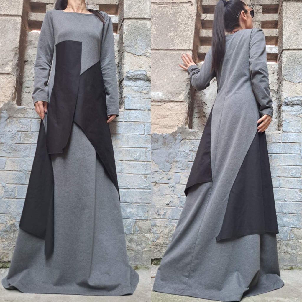 Asymmetrical Maxi Cotton Dress – Long Sleeve Grey Dress with Black Panels / Minimalist A-Line Kaftan / Handmade Casual Loose Dress