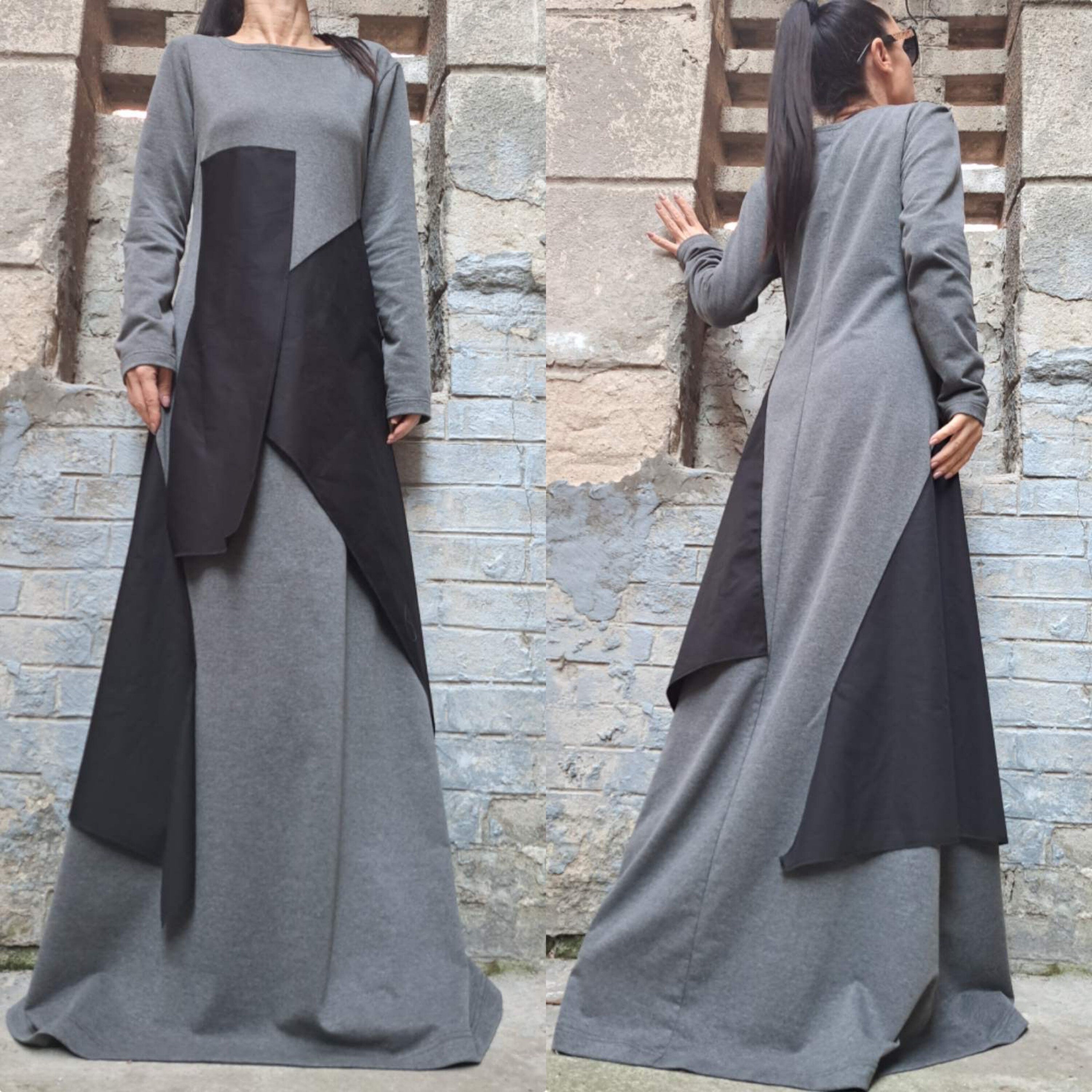 Asymmetrical Maxi Cotton Dress – Long Sleeve Grey Dress with Black Panels / Minimalist A-Line Kaftan / Handmade Casual Loose Dress