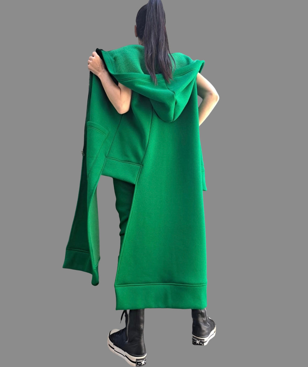 Asymmetric Green Vest & Pants Set / Winter Cotton Outfit with Hood / Three-Thread Fleece Tracksuit / Designer Women’s Set XS–5XL