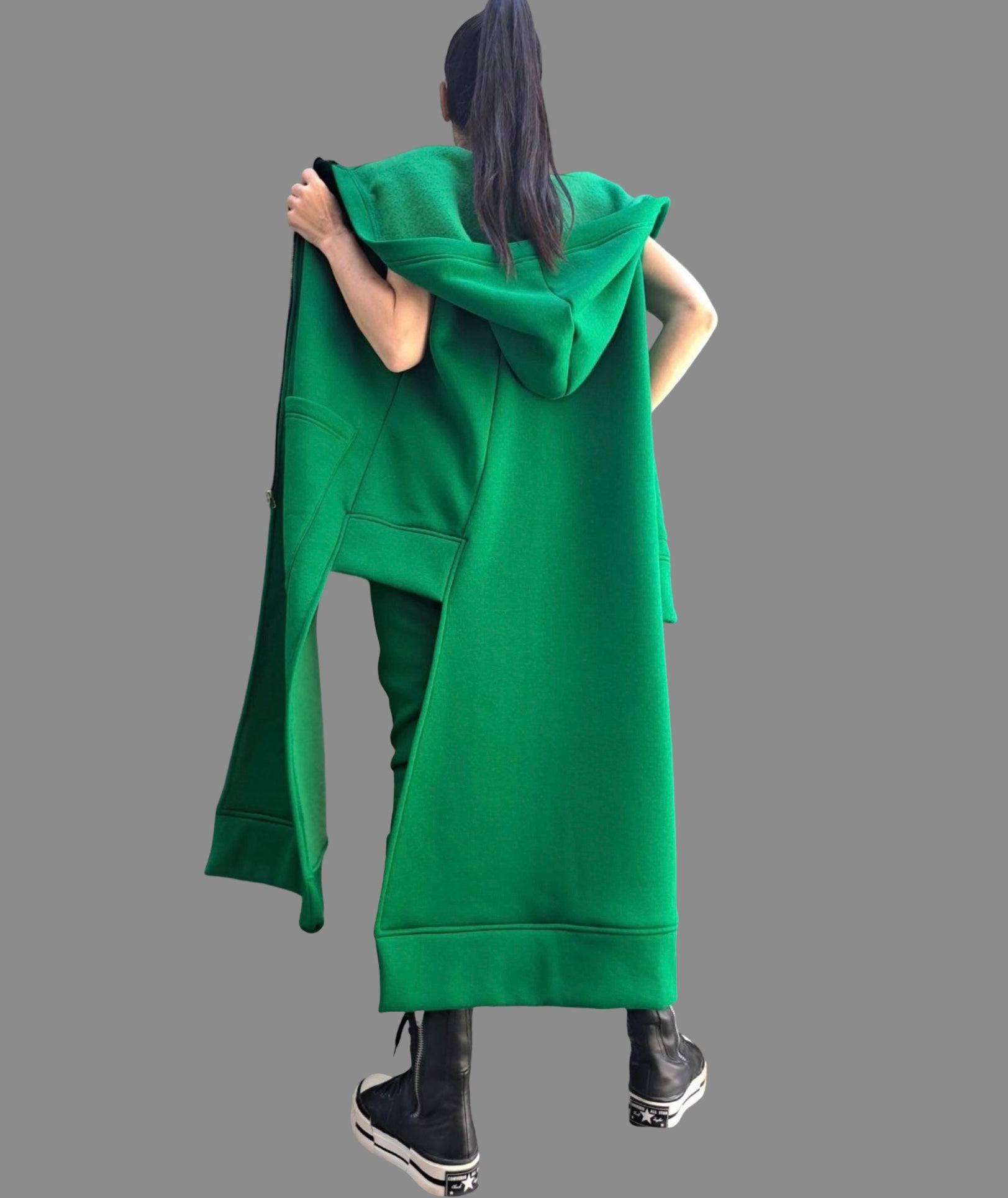 Asymmetric Green Vest & Pants Set / Winter Cotton Outfit with Hood / Three-Thread Fleece Tracksuit / Designer Women’s Set XS–5XL