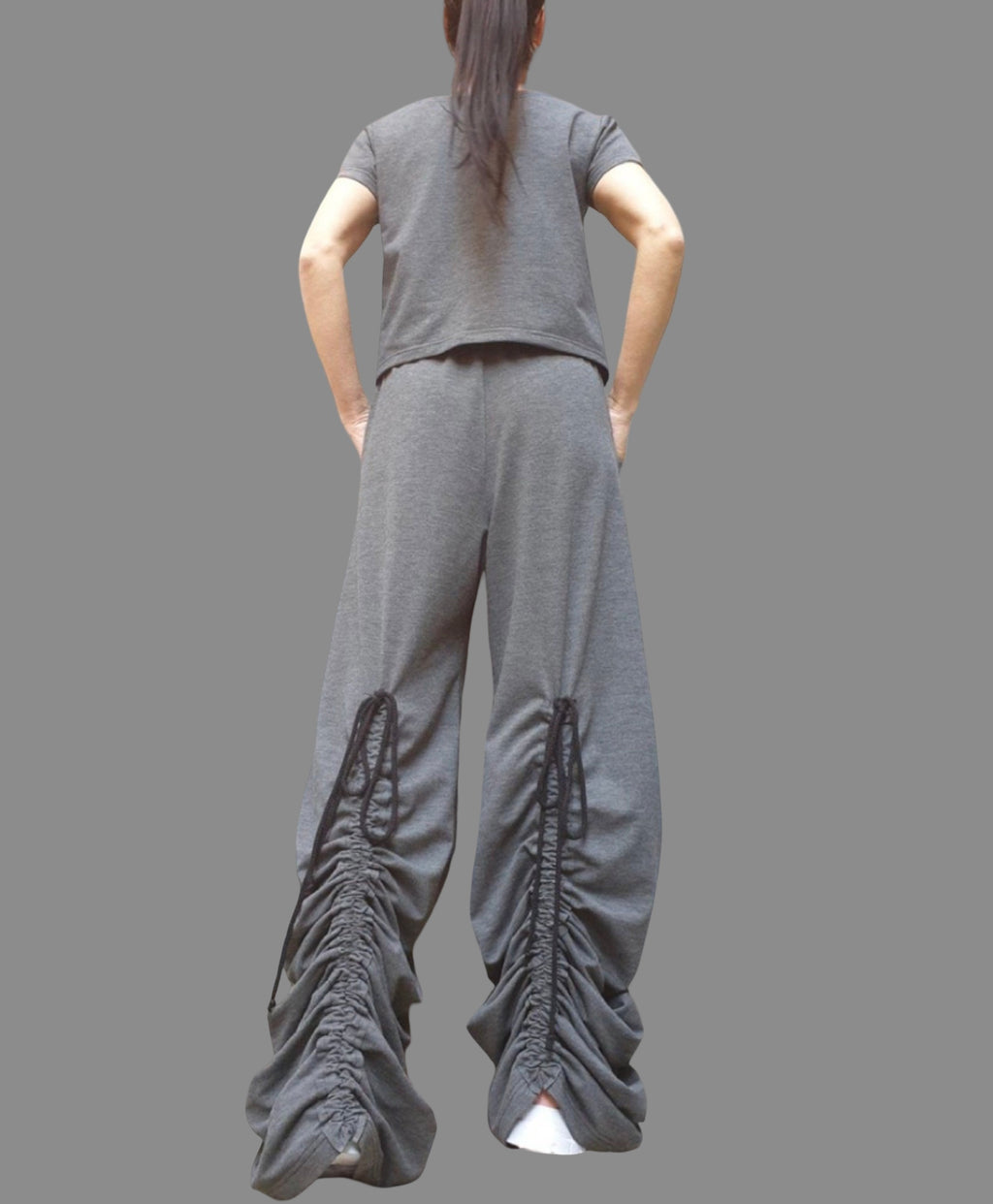 Dark Grey Cotton Women's Set: Asymmetric Blouse & High Waist Pants