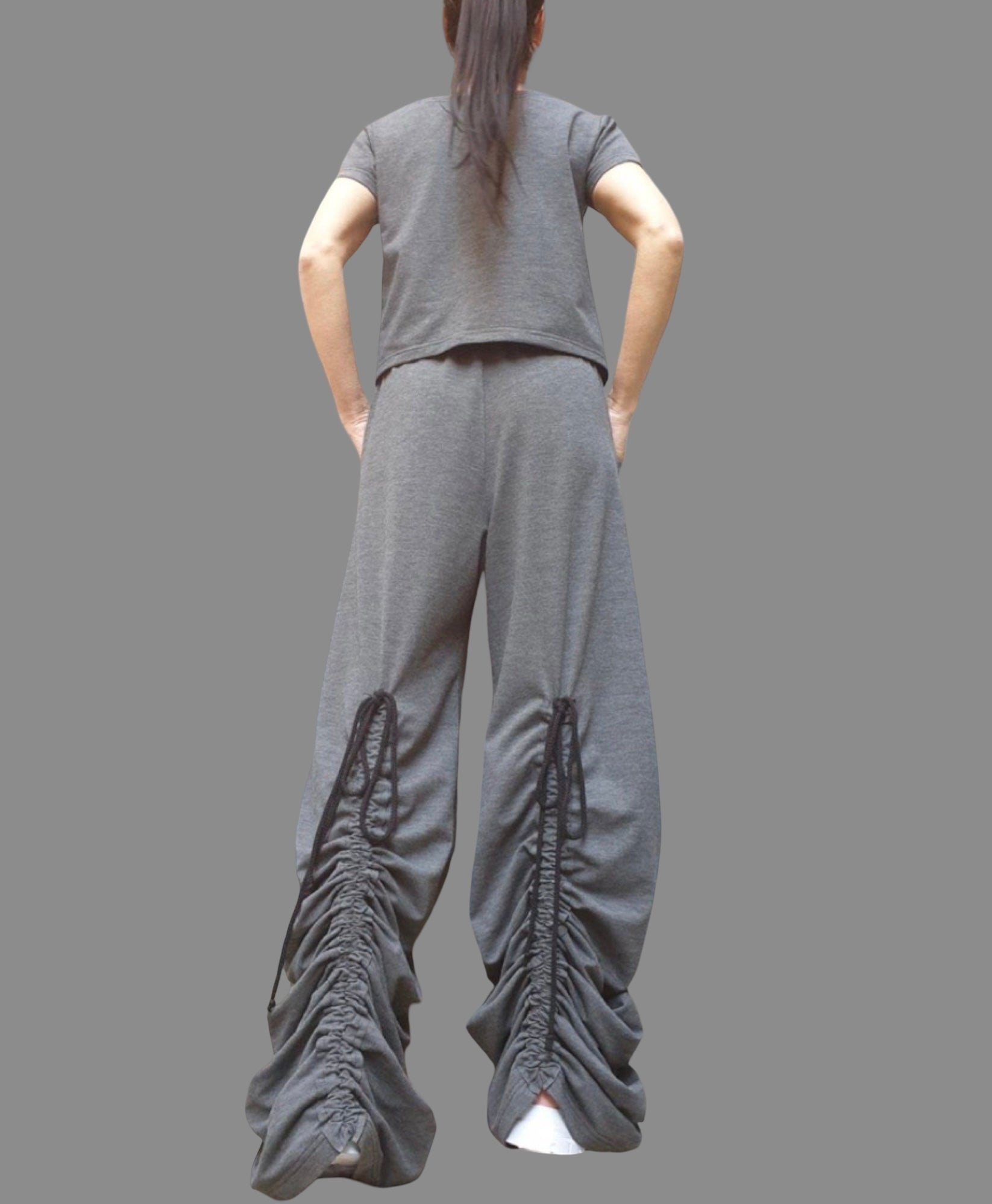 Dark Grey Cotton Women's Set: Asymmetric Blouse & High Waist Pants
