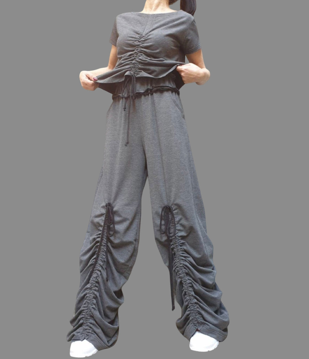 Dark Grey Cotton Women's Set: Asymmetric Blouse & High Waist Pants