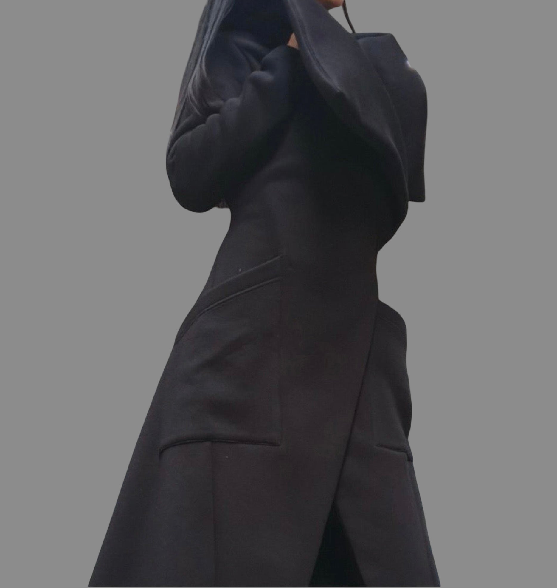 Women’s Asymmetric Fleece Coat – High Collar, Side Pockets, Button Closure – Black Avant-Garde Jacket