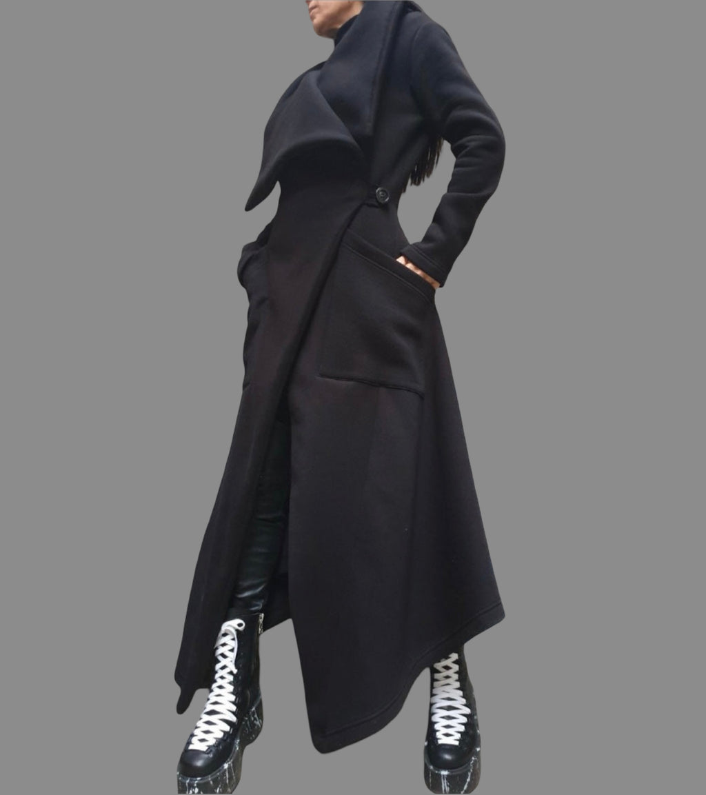 Women’s Asymmetric Fleece Coat – High Collar, Side Pockets, Button Closure – Black Avant-Garde Jacket
