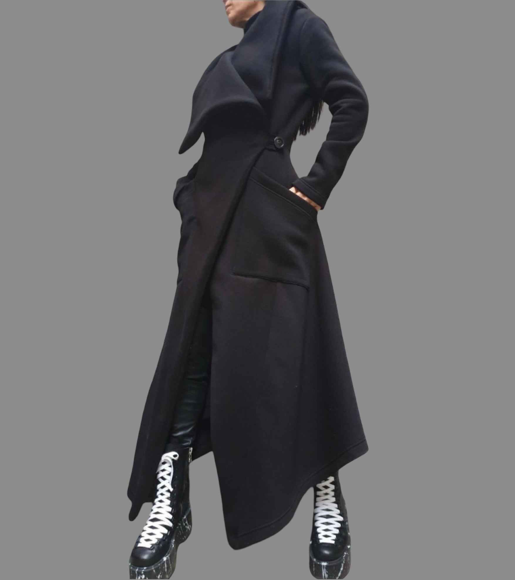 Women’s Asymmetric Fleece Coat – High Collar, Side Pockets, Button Closure – Black Avant-Garde Jacket