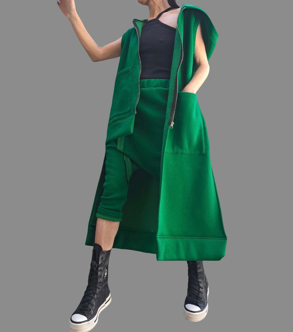 Asymmetric Green Vest & Pants Set / Winter Cotton Outfit with Hood / Three-Thread Fleece Tracksuit / Designer Women’s Set XS–5XL