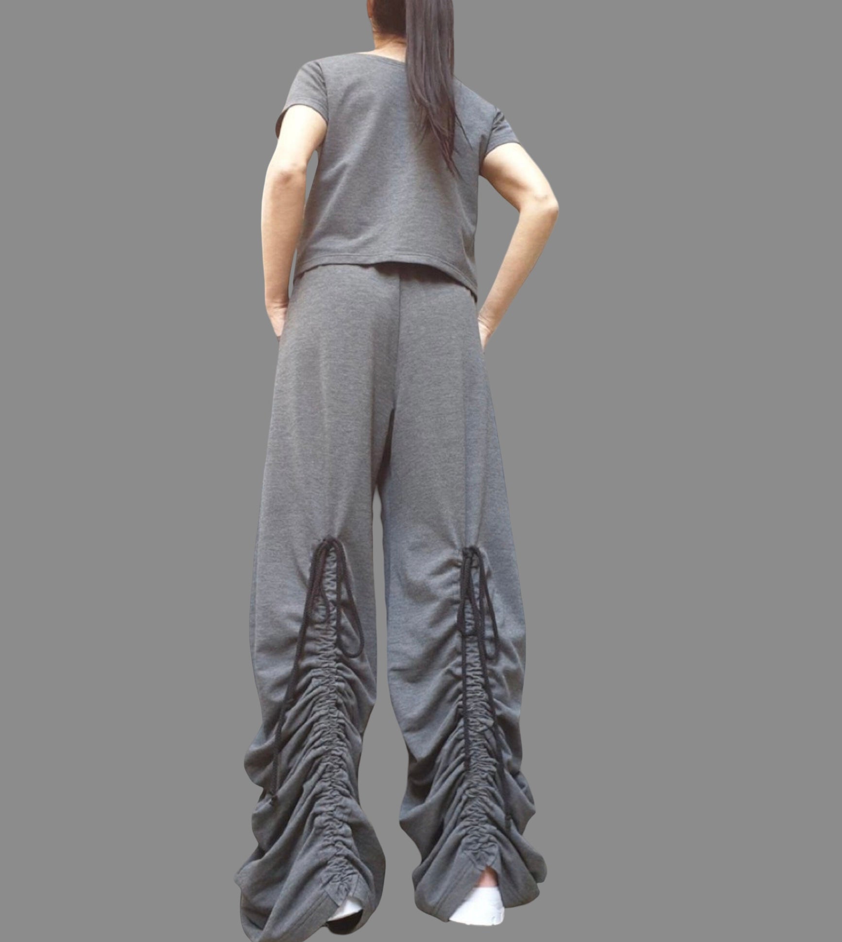 Dark Grey Cotton Women's Set: Asymmetric Blouse & High Waist Pants