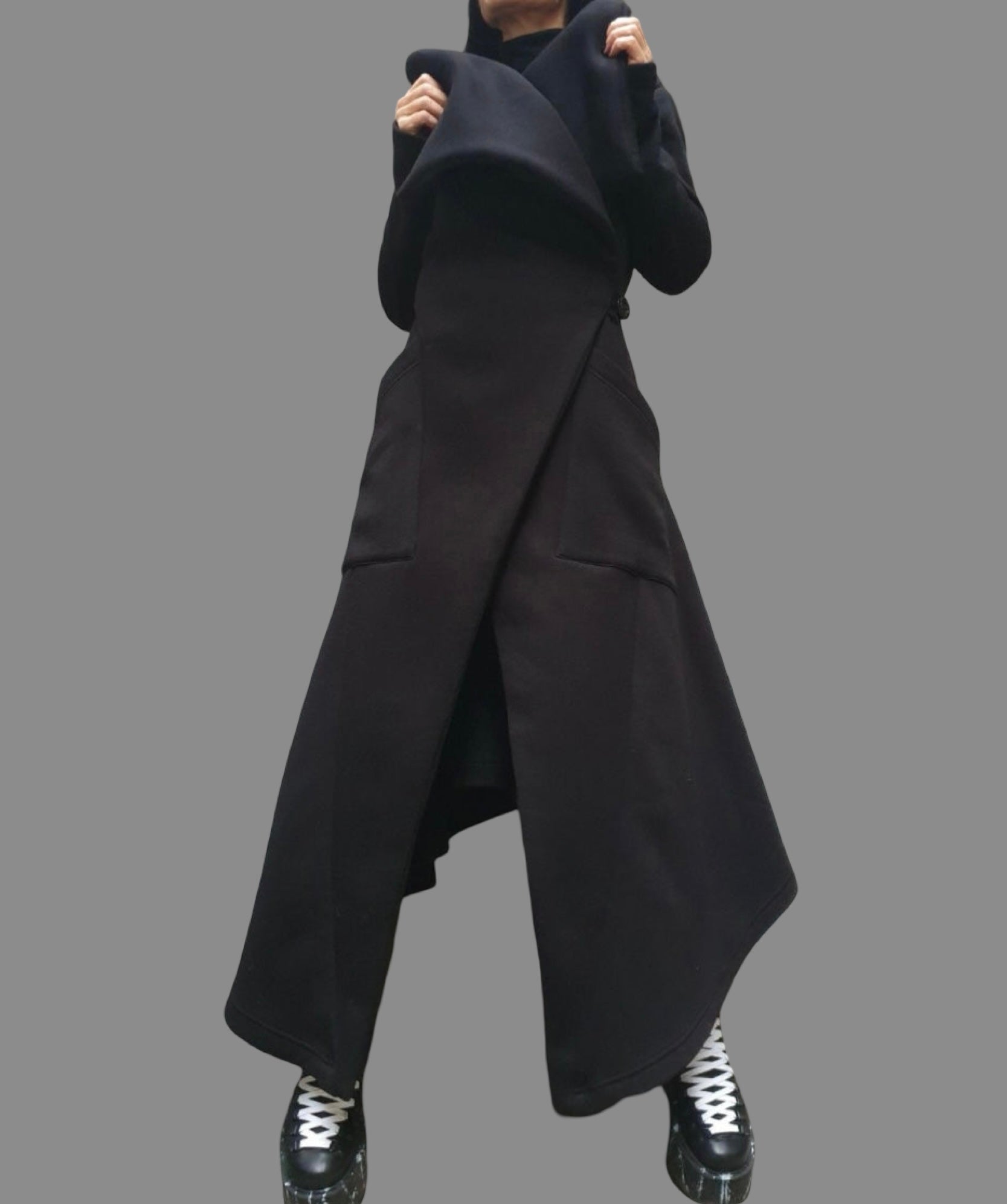 Women’s Asymmetric Fleece Coat – High Collar, Side Pockets, Button Closure – Black Avant-Garde Jacket