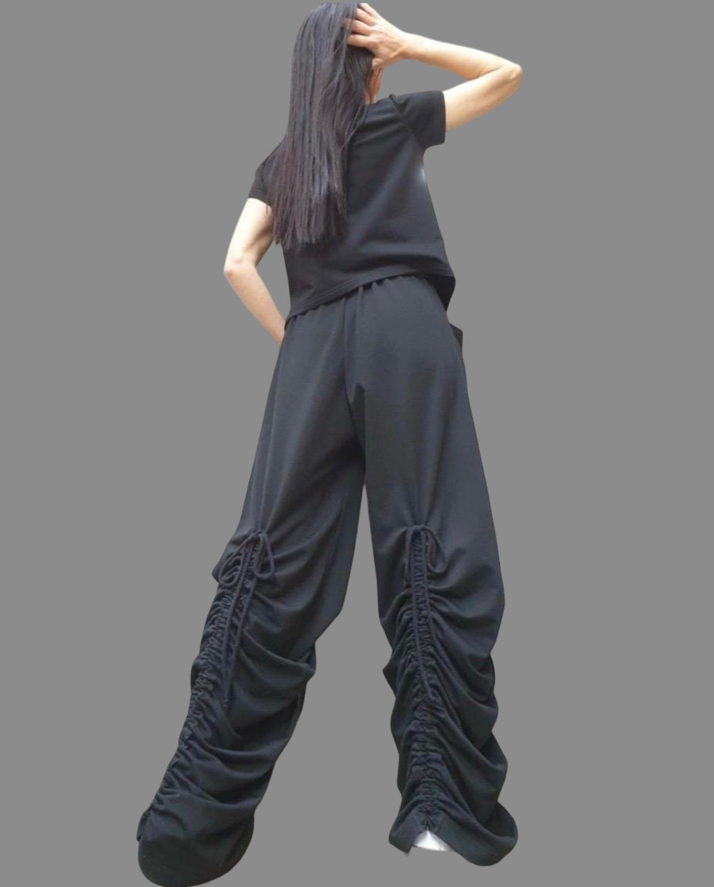 Dark Grey Cotton Women's Set: Asymmetric Blouse & High Waist Pants