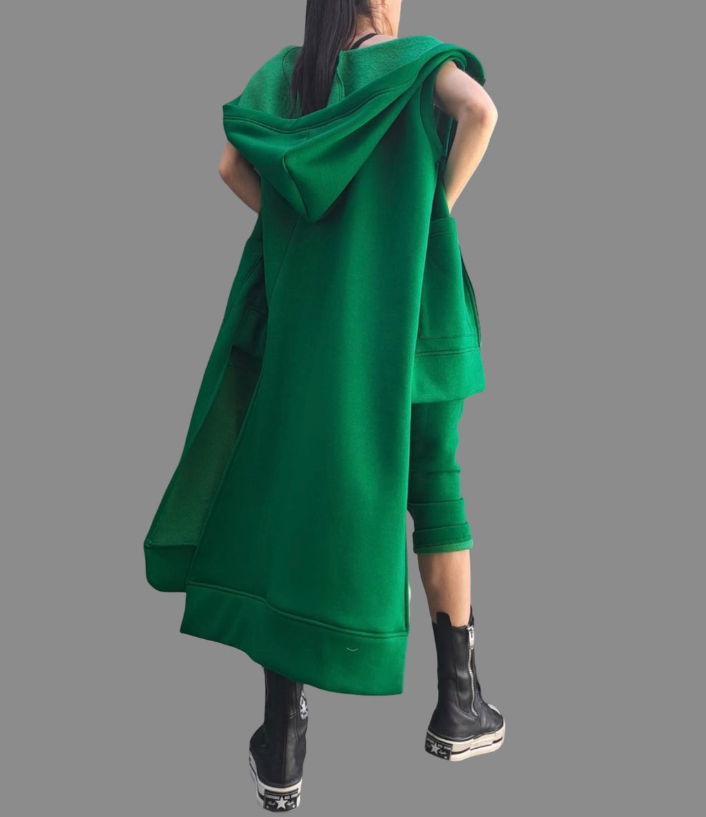 Asymmetric Green Vest & Pants Set / Winter Cotton Outfit with Hood / Three-Thread Fleece Tracksuit / Designer Women’s Set XS–5XL