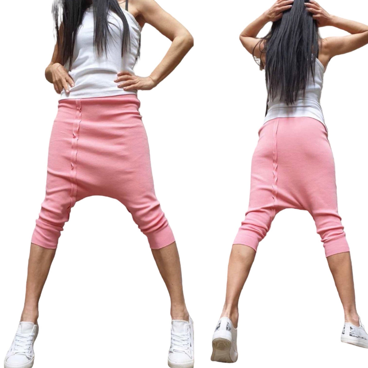 Pink Cotton Rib Harem Capri Pants – Drop Crotch Cropped Trousers