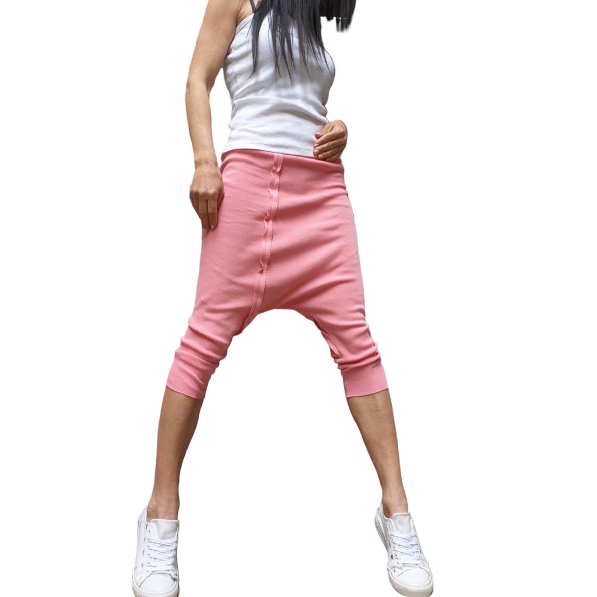 Pink Cotton Rib Harem Capri Pants – Drop Crotch Cropped Trousers