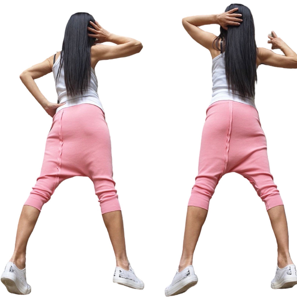 Pink Cotton Rib Harem Capri Pants – Drop Crotch Cropped Trousers
