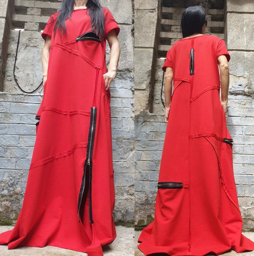 Red Cotton Maxi Dress with Zippers – Asymmetrical Avant Garde Dress