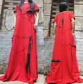 Red Cotton Maxi Dress with Zippers – Asymmetrical Avant Garde Dress