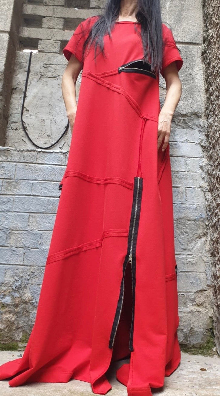 Red Cotton Maxi Dress with Zippers – Asymmetrical Avant Garde Dress