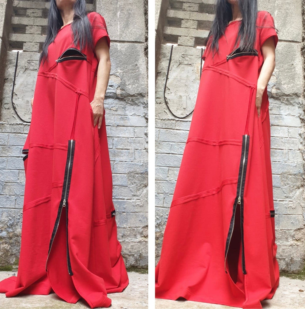 Red Cotton Maxi Dress with Zippers – Asymmetrical Avant Garde Dress
