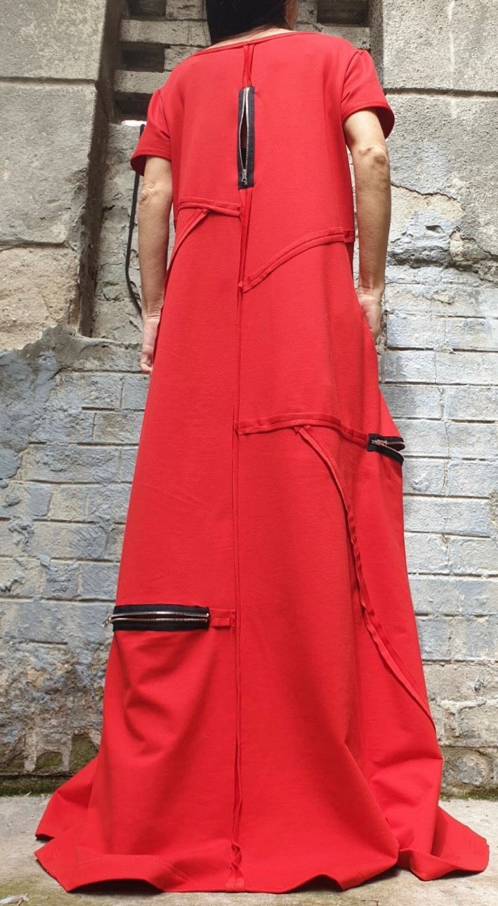Red Cotton Maxi Dress with Zippers – Asymmetrical Avant Garde Dress