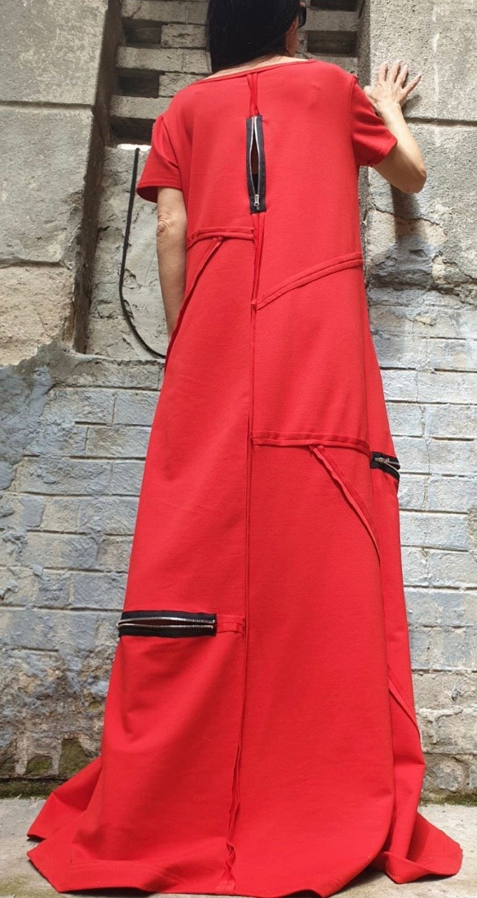 Red Cotton Maxi Dress with Zippers – Asymmetrical Avant Garde Dress