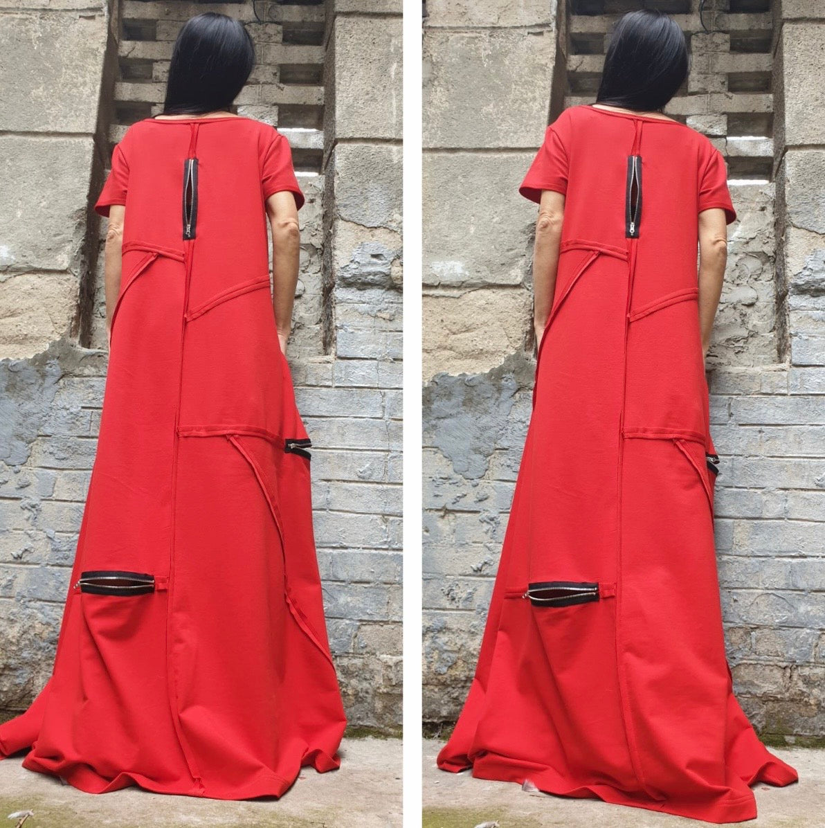 Red Cotton Maxi Dress with Zippers – Asymmetrical Avant Garde Dress