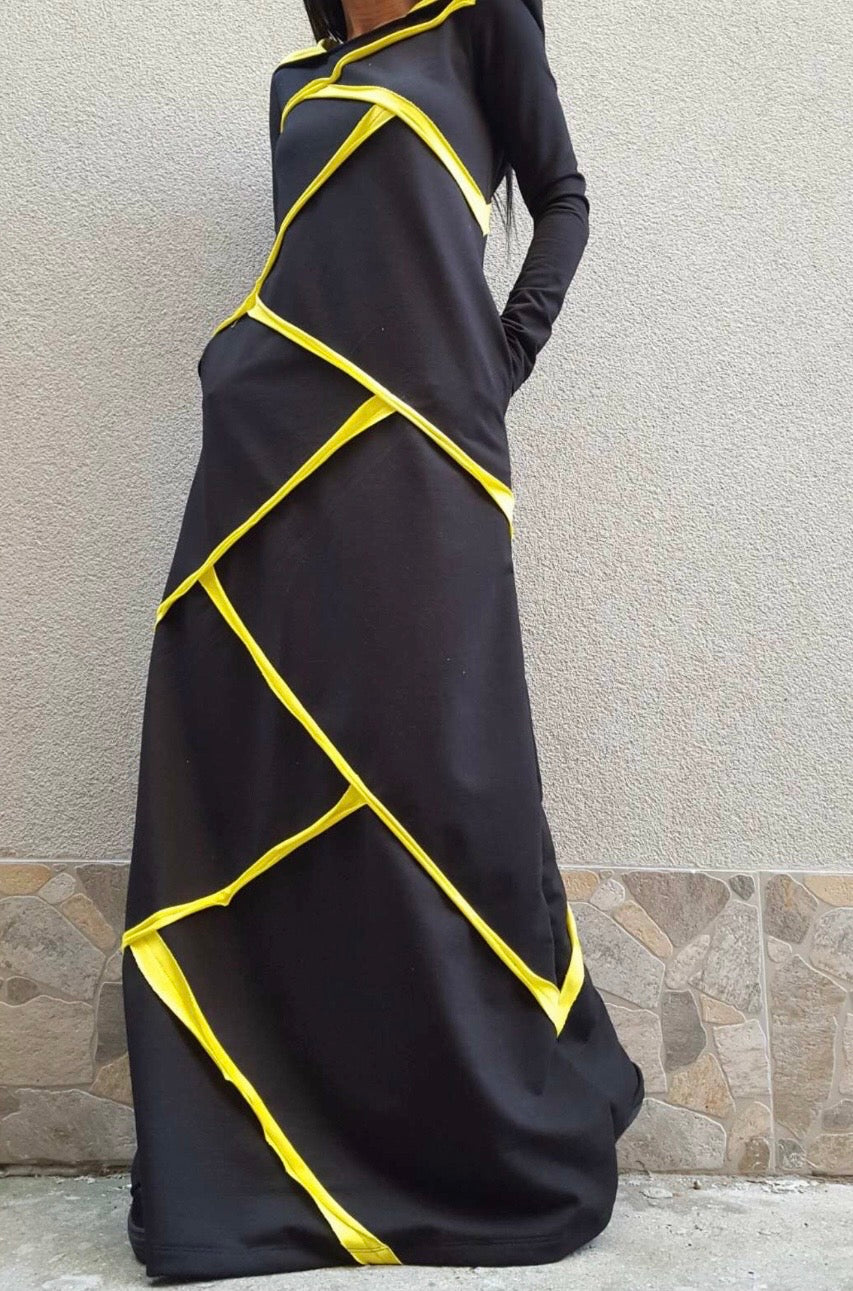 Black Cotton Maxi Hooded Dress – Yellow Asymmetrical Details