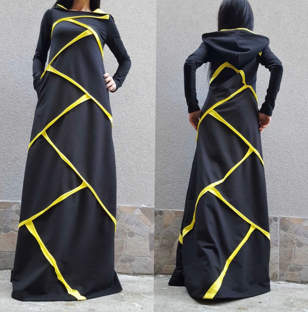 Black Cotton Maxi Hooded Dress – Yellow Asymmetrical Details