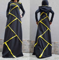 Black Cotton Maxi Hooded Dress – Yellow Asymmetrical Details