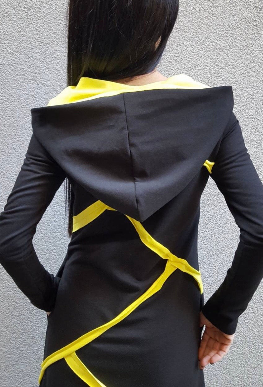 Black Cotton Maxi Hooded Dress – Yellow Asymmetrical Details