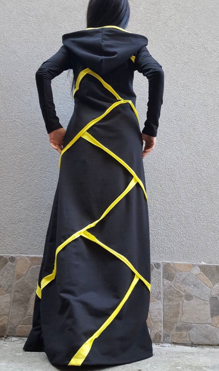Black Cotton Maxi Hooded Dress – Yellow Asymmetrical Details