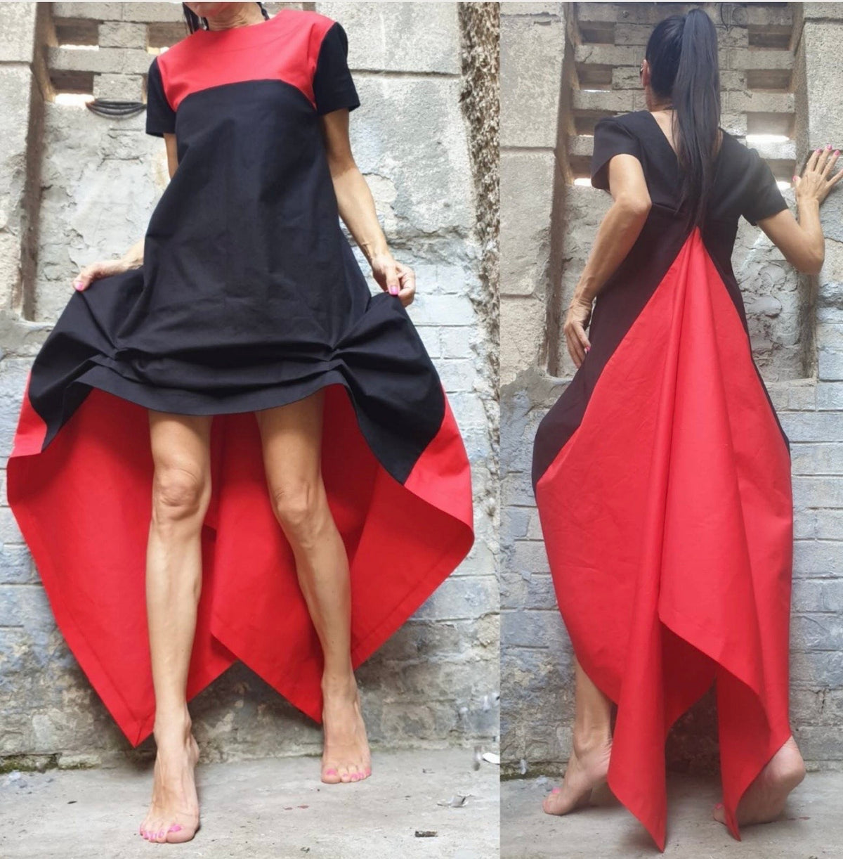 Black Red High Low Cotton Dress – Asymmetrical Maxi Dress