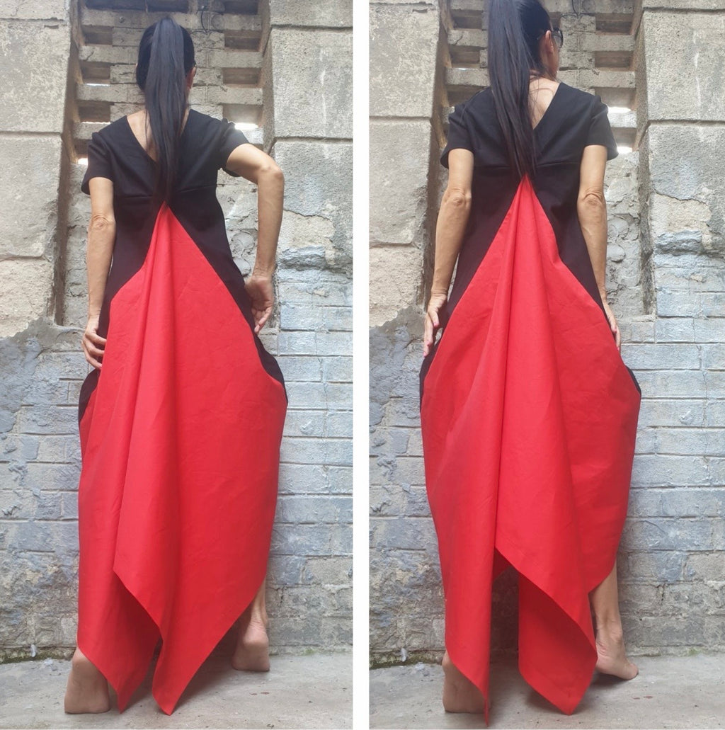 Black Red High Low Cotton Dress – Asymmetrical Maxi Dress