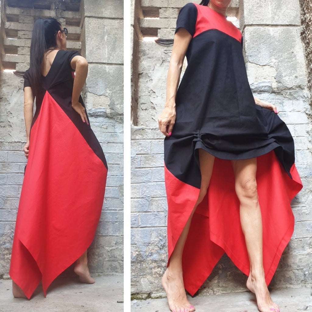 Black Red High Low Cotton Dress – Asymmetrical Maxi Dress