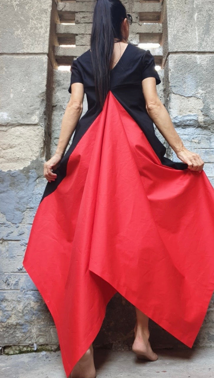 Black Red High Low Cotton Dress – Asymmetrical Maxi Dress