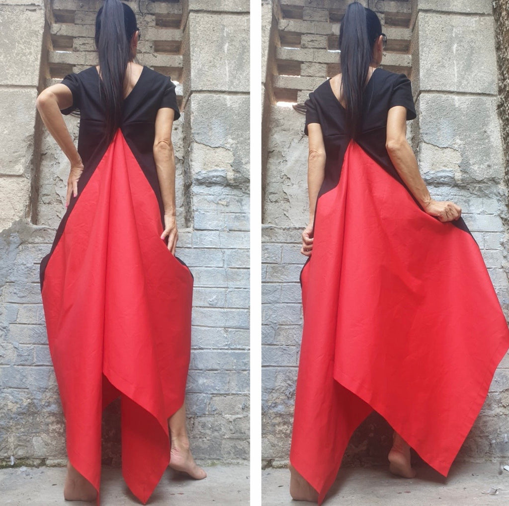 Black Red High Low Cotton Dress – Asymmetrical Maxi Dress