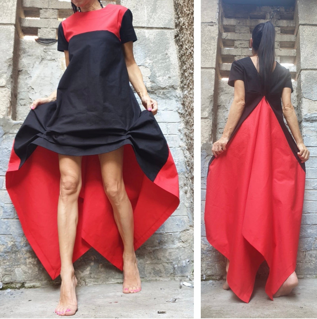Black Red High Low Cotton Dress – Asymmetrical Maxi Dress