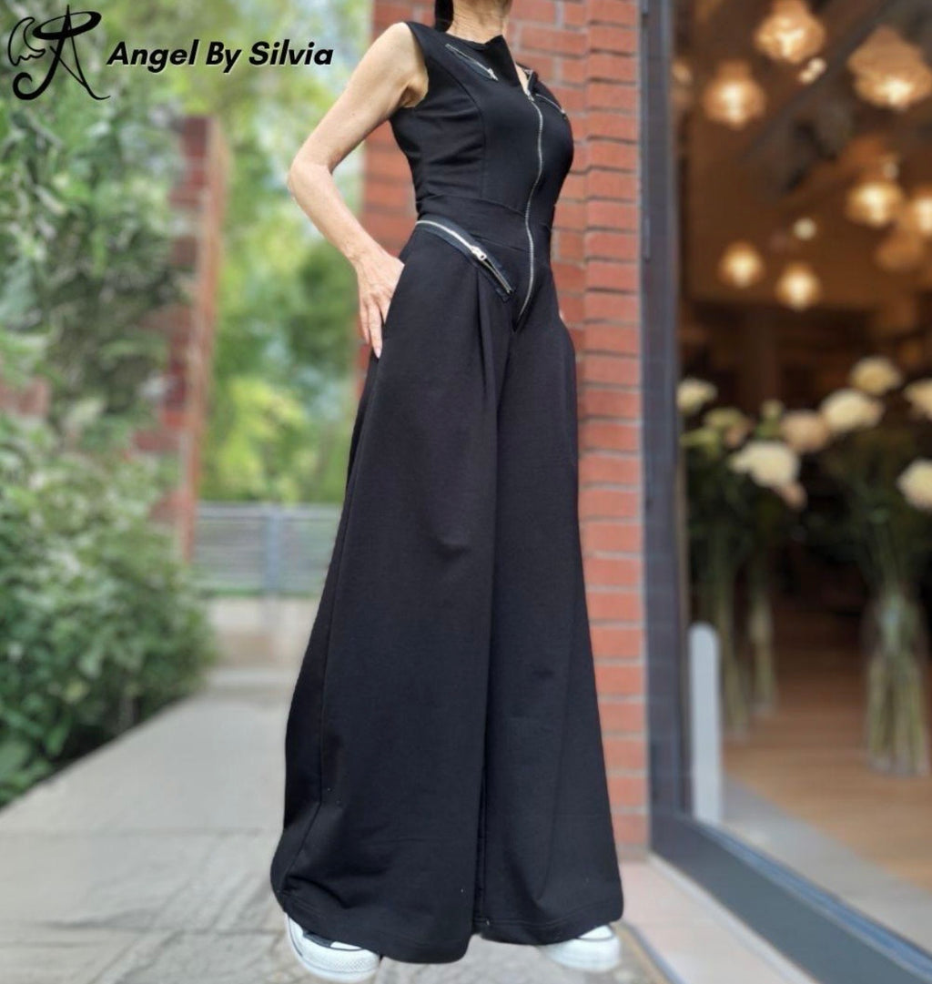 Black Cotton Wide Leg Jumpsuit with Zippers – Sleeveless Avant Garde Overall