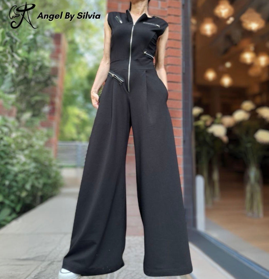 Black Cotton Wide Leg Jumpsuit with Zippers – Sleeveless Avant Garde Overall