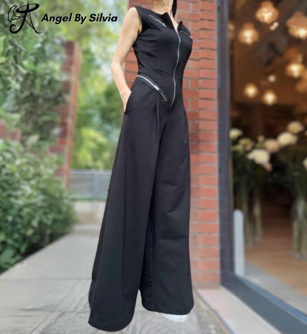 Black Cotton Wide Leg Jumpsuit with Zippers – Sleeveless Avant Garde Overall