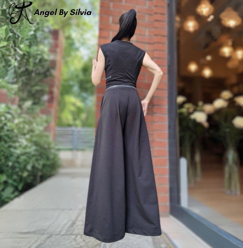 Black Cotton Wide Leg Jumpsuit with Zippers – Sleeveless Avant Garde Overall