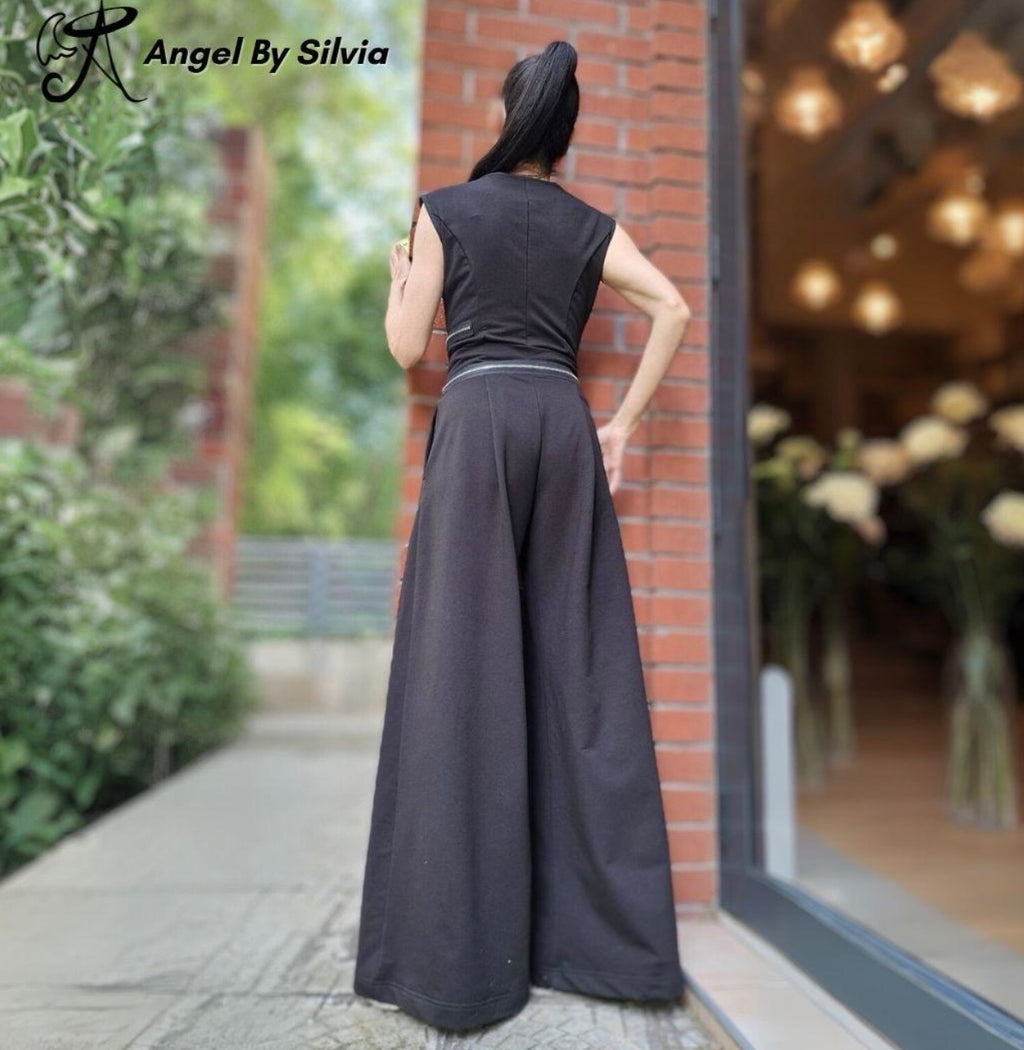 Black Cotton Wide Leg Jumpsuit with Zippers – Sleeveless Avant Garde Overall
