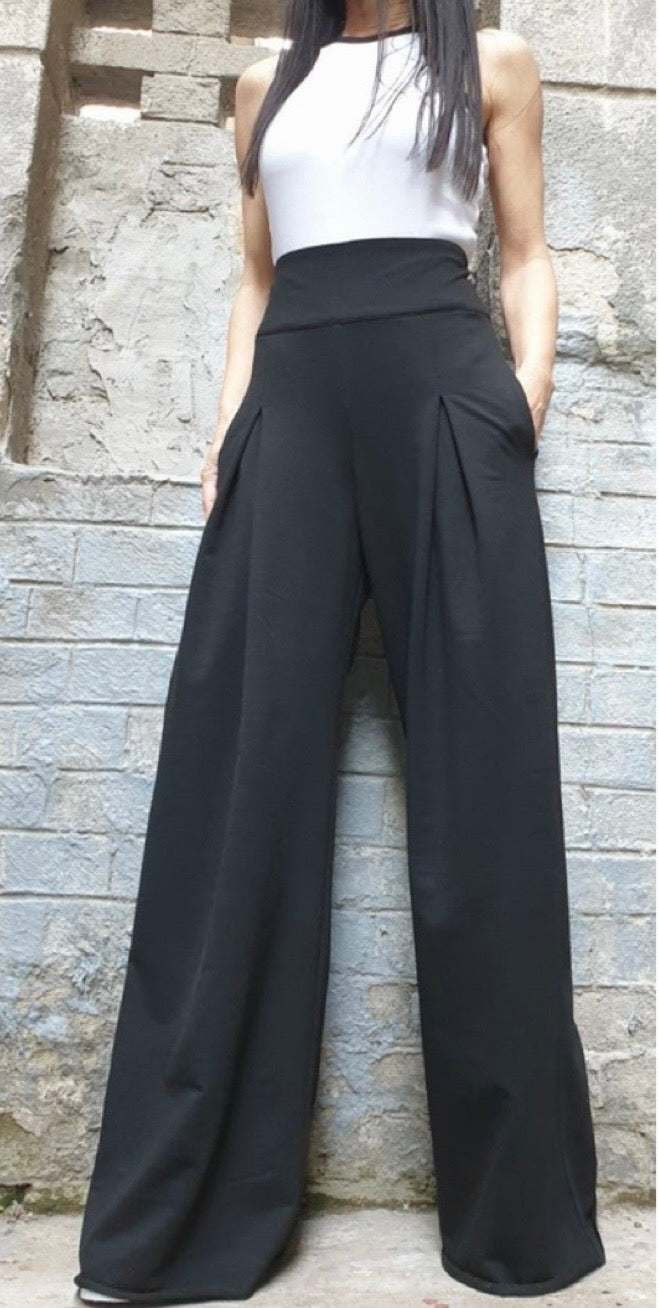 Black High Waist Wide Leg Cotton Pants – Asymmetrical Detail