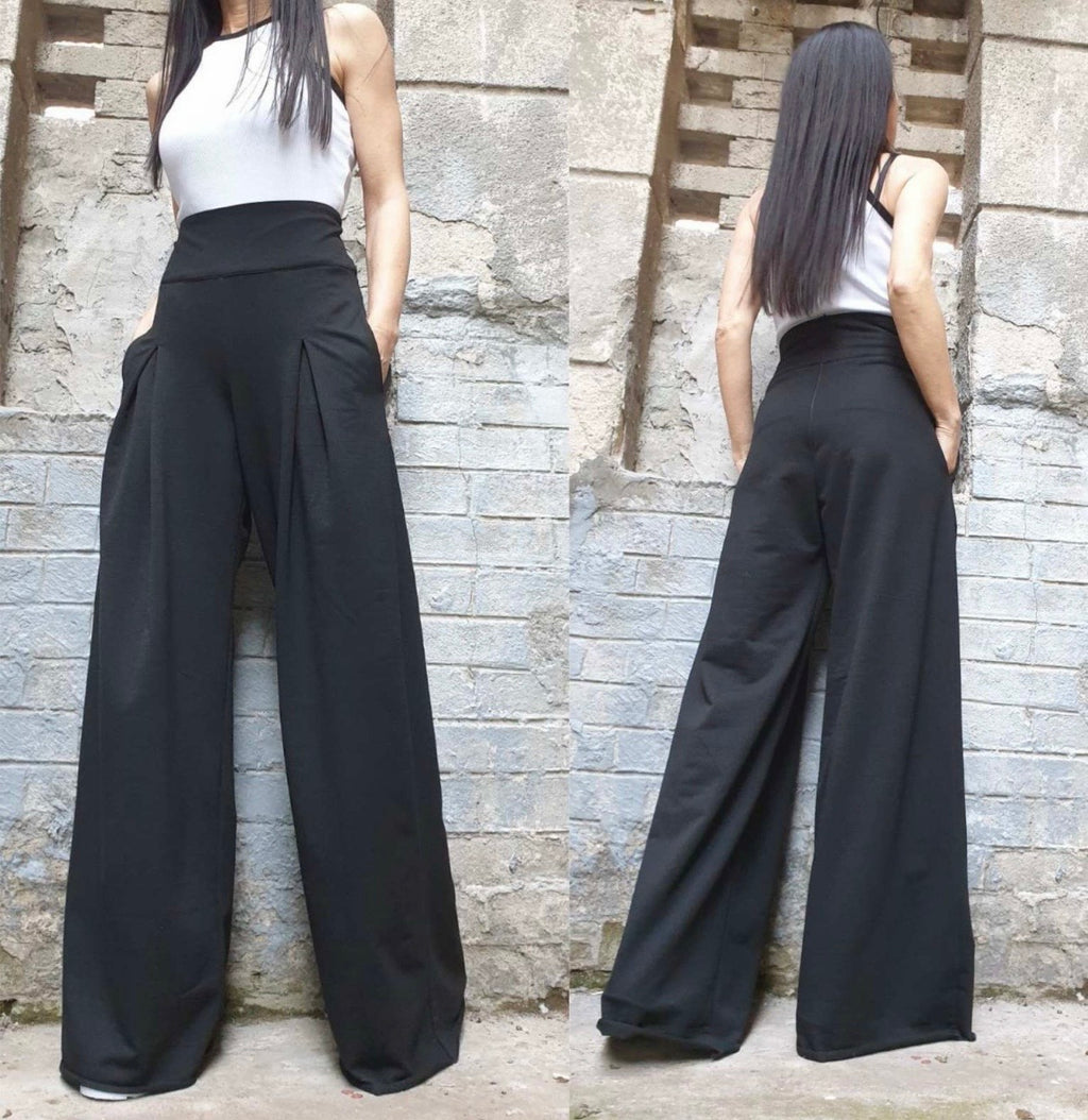 Black High Waist Wide Leg Cotton Pants – Asymmetrical Detail