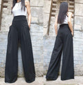 Black High Waist Wide Leg Cotton Pants – Asymmetrical Detail