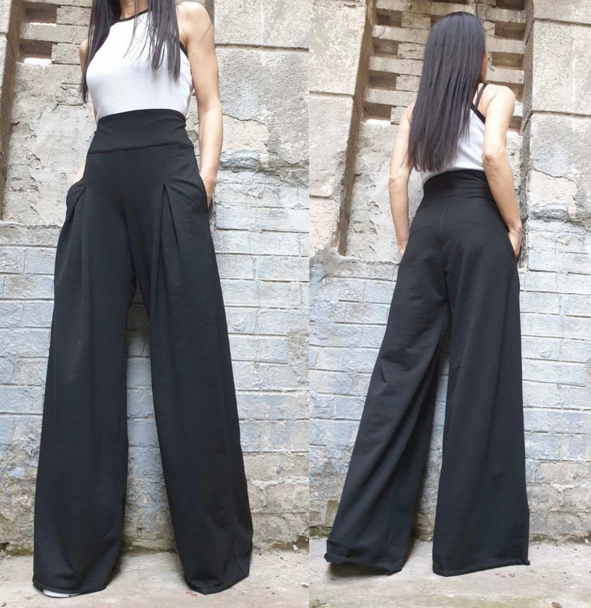 Black High Waist Wide Leg Cotton Pants – Asymmetrical Detail